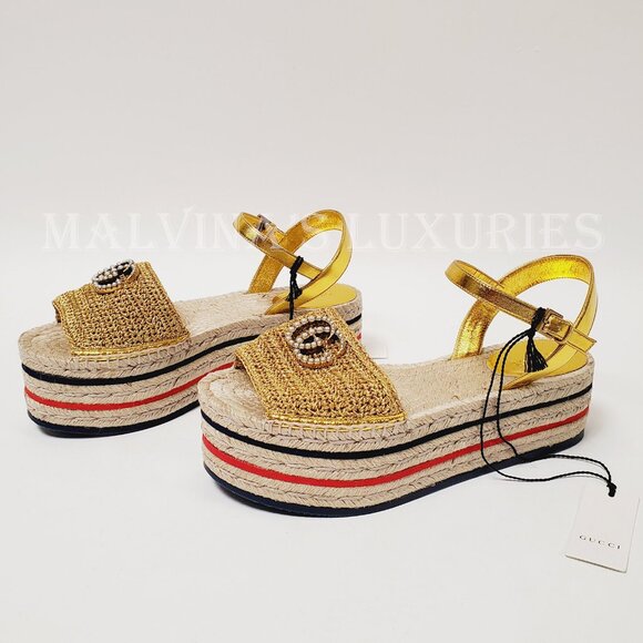 GUCCI SHOES LILIBETH PLATFORM ESPADRILLE SANDALS PEARL G LOGO sz 38.5 US 8.5 - Picture 3 of 13